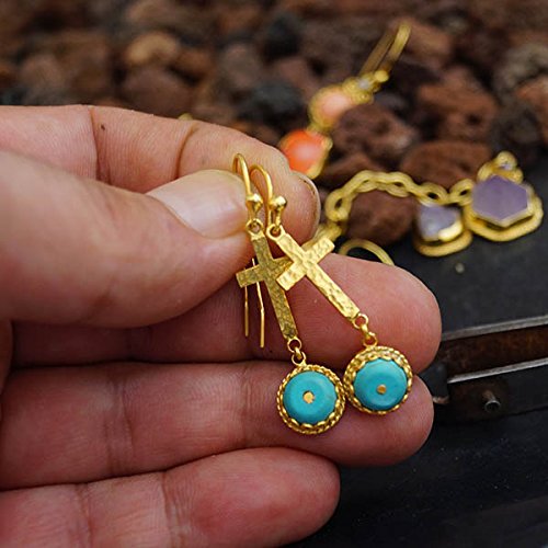 Turkish Turquoise Earrings Handmade Designer Jewelry By Omer 925 Sterling Silver 24 k Yellow Gold Plated