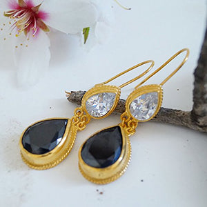 925 Sterling Silver Pear Black Onyx Gold Earrings Artisan Turkish Women Jewelry