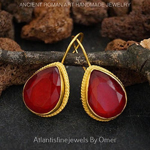 Handmade Red Jade Earrings 24 k Gold Over 925 k Silver By Omer