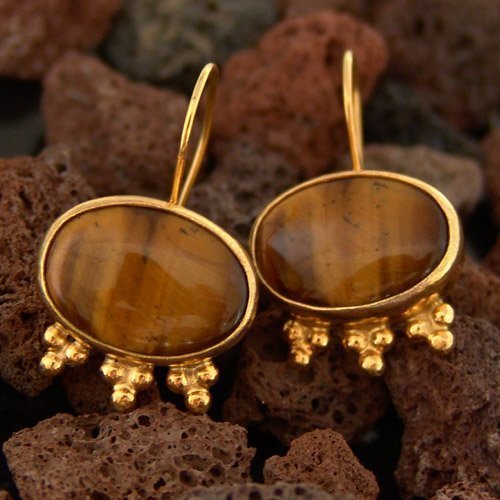 Turkish Tiger Eye Earrings Handmade Designer Jewelry By Omer 925 Sterling Silver 24 k Yellow Gold Plated