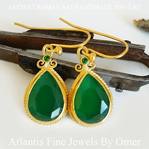 Turkish Green Jade Earrings Handmade Designer Jewelry By Omer 925 Sterling Silver 24 k Yellow Gold Plated