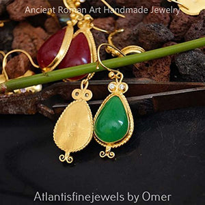 Handmade Roman Art Large Green Jade Earrings 24k Gold Over 295k Sterling Silver