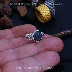 Hammered Handmade Roman Art Coin Ring W/ Amethyst 925k Sterling Silver By Omer