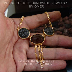 *MADE TO ORDER 925 Silver Unique Smoky Quartz Coin Necklace w/ Handmade Chain