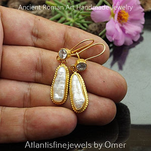Omer 925 k Sterling Silver Handcrafted Dangle Pearl & White Topaz Earrings