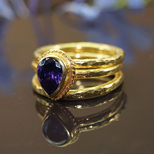 Turkish Amethyst Stack Ring Handmade Designer Jewelry By Omer 925 Sterling Silver 24 k Yellow Gold Plated