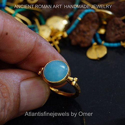 Blue Chalcedony  Hammered Ancient Art Ring 24k Gold Over 925k Silver By Omer
