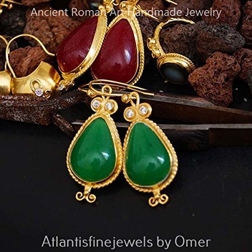 Handmade Roman Art Large Green Jade Earrings 24k Gold Over 295k Sterling Silver By Omer