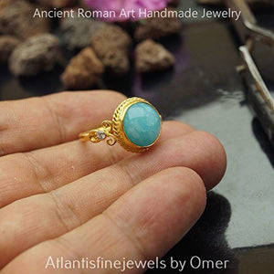 Turkish Hammered Blue Chalcedony Ring 925 Sterling Silver 24 k Yellow Gold Plated