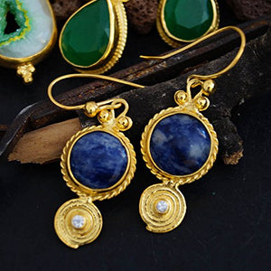 925 Silver Handmade Sodalite & White Topaz Gold Earrings Artisan Turkish Jewelry