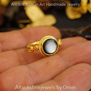 Mother Of Pearl Ring Handmade 24 k Yellow Gold Over 925 Sterling Silver By Omer