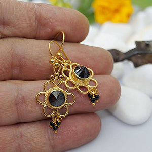 925k Sterling Silver Onyx Hook Dangle Earrings 24k Gold Vermeil Handmade By Omer