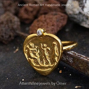  Turkish Heart Coin Ring Handmade Designer Jewelry By Omer 925 Sterling Silver 24 k Yellow Gold Plated