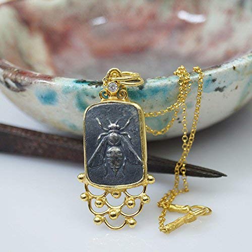 Sterling Silver Bee Coin Necklace Handmade Turkish Jewelry 24 K Gold Plated