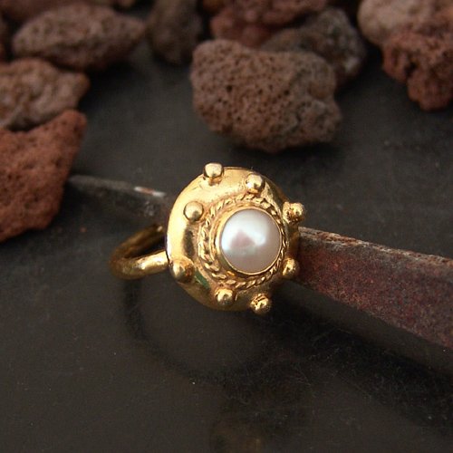 925 k Sterling Silver Granulated Pearl Ring 24k Yellow Gold Vermeil, Turkish Jew