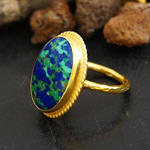 925k Sterling Silver Large Turquoise Ring 24k Gold Plated, Handmade Ancient Art,