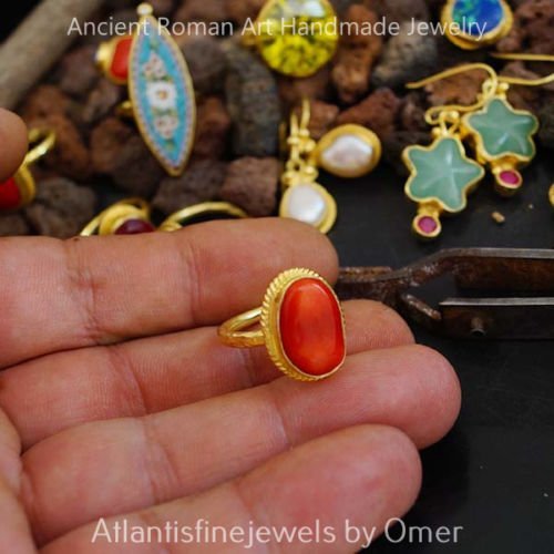 Handmade Ancient Art Coral Ring 24 k Yellow Gold Over Sterling Silver By Omer