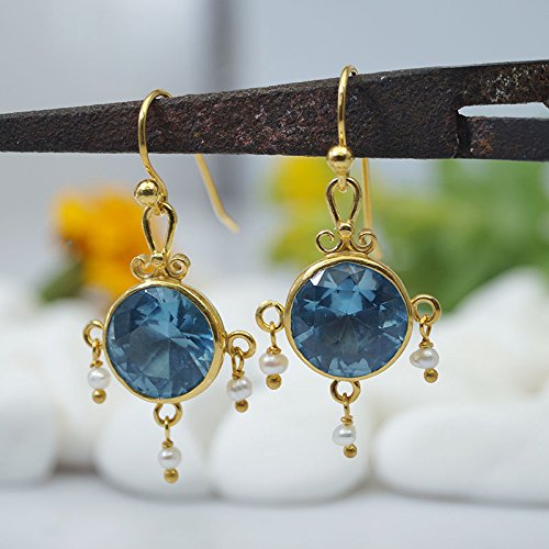 Sterling Silver Blue Topaz & Pearl Dangle Earrings 24k Gold Vermeil Handmade