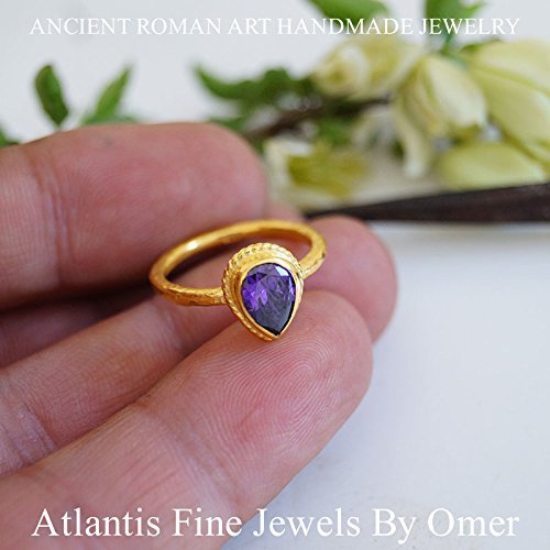 Turkish Hammered Amethyst Stack Ring 925 Sterling Silver 24 k Yellow Gold Plated