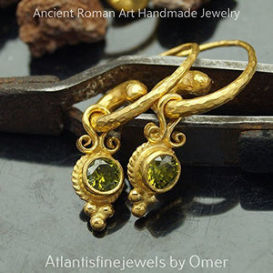 Turkish Peridot Charm Earrings Handmade Designer Jewelry By Omer 925 Sterling Silver 24 k Yellow Gold Plated