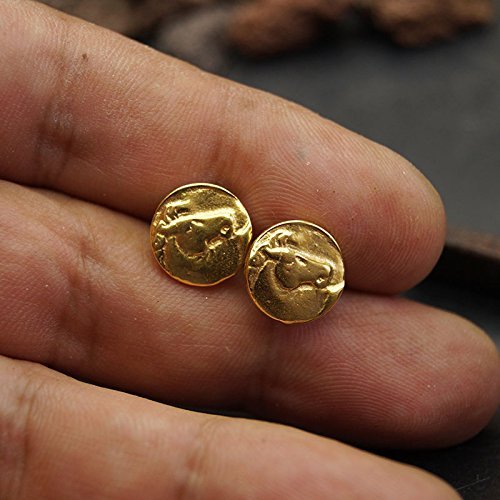 Omer Handmade Stud Horse Coin Turkish Earrings Ancient Roman Art Fine Jewelry