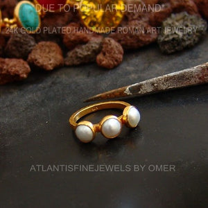 925k Sterling Silver Tria Pearl Ring 24k Yellow Gold Vermeil, Turkish Jewelry Ri