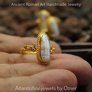 Omer Sterling Silver Unique Hammered Pearl Ring Ancient Roman 24k Gold Vermeil