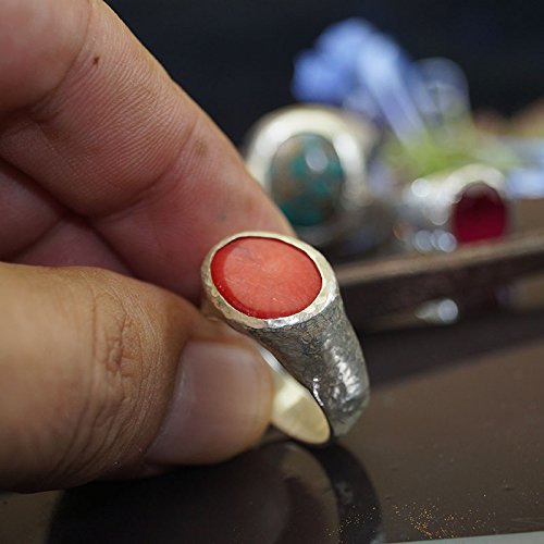 Turkish Hammered Coral Ring 925 Sterling Silver