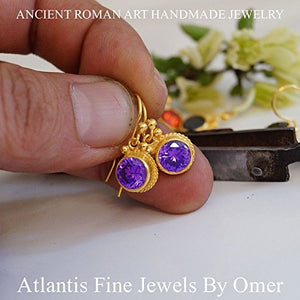 925 Silver Amethyst Gemstone Gold Hook Earrings Turkish Artisan Jewelry By Omer