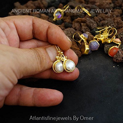 Omer Roman Art Handmade Dangle Pearl Earrings 24 k Gold Vermeil Sterling Silver