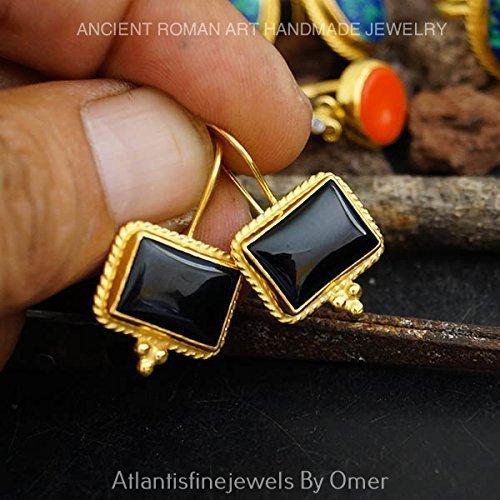 Roman Art Handcrafted 925 Sterling Silver Fine Granulated Turkish Onyx Earrings 24k Gold Plated Ancient Roman Jewelry