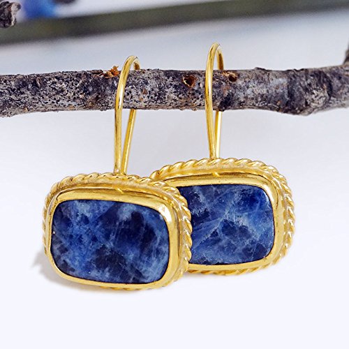 Omer handmade 925 k Sterling Silver Sodalite Ring Earrings Set 24k Gold Vermeil