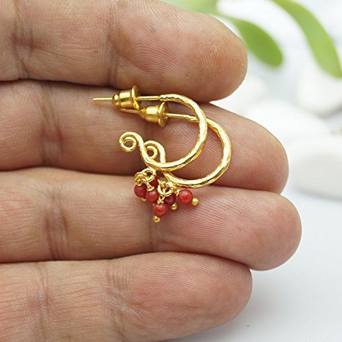 925 Sterling Silver Small Hammered Hoop Coral Charm Earrings 24k Yellow Gold Plated