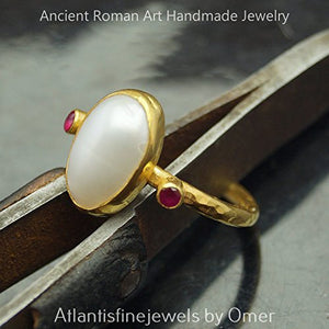 Turkish Roman Art Hand Forged Sterling Silver Pearl&Ruby 24k Yellow Gold Plated