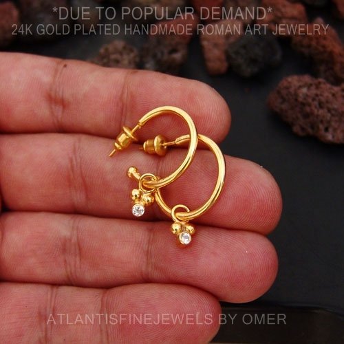 Handmade Hoop Earrings W/ Topaz Charm 24 k Yellow Gold Over 925 k Silver By Omer