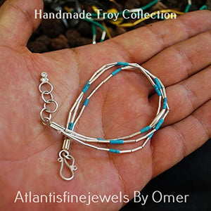 925 K Sterling Silver 3 Strand Troy Bracelet W/ Fine Turquoise Handmade Turkish