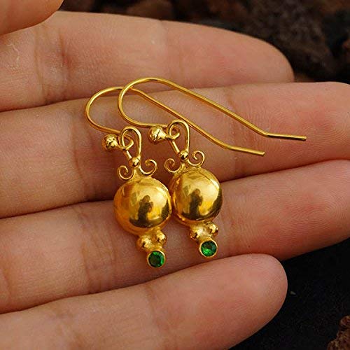 925k Sterling Silver Roman Art Green Topaz Hook Earrings 24k Gold Vermeil Handcrafted Turkihsh Designer Jewelry Women Earrings