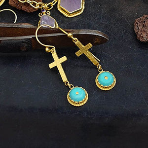 Sterling Silver Hammered Cross Earrings W/Turquoise 24 k Yellow Gold Vermeil