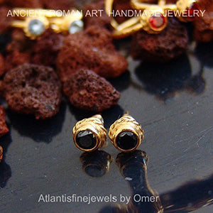 Handmade Roman Art Black Onyx Stud Earrings By Omer 24k Gold over 925k Silver