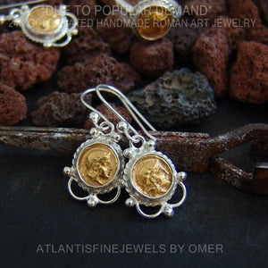 Ancient Roman Art 2 Tone Designer Coin Earrings By Omer 925 k Sterling Silver