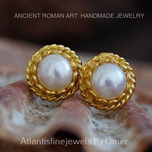 Pearl Stud Earrings Handmade By Omer 24 k Gold Over Sterling Silver