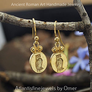 925 Sterling Silver Omer Owl Coin Gold Earrings Roman Art Turkish Fine Jewelry