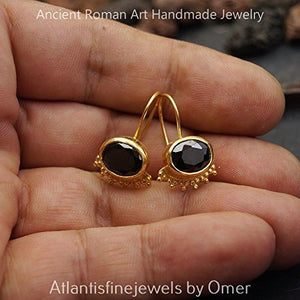 925 Sterling Silver Fine Granulated Onyx Earrings Sun Collection 24k Gold Plated Ancient Roman Jewelry