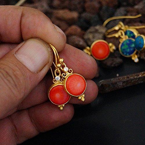 Handmade Roman Art Coral & Topaz Hook Earrings 24k Gold Over 925k Silver By Omer