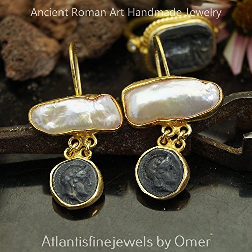 Turkish Pearl Coin Earrings Handmade Designer Jewelry By Omer 925 Sterling Silver 24 k Yellow Gold Plated