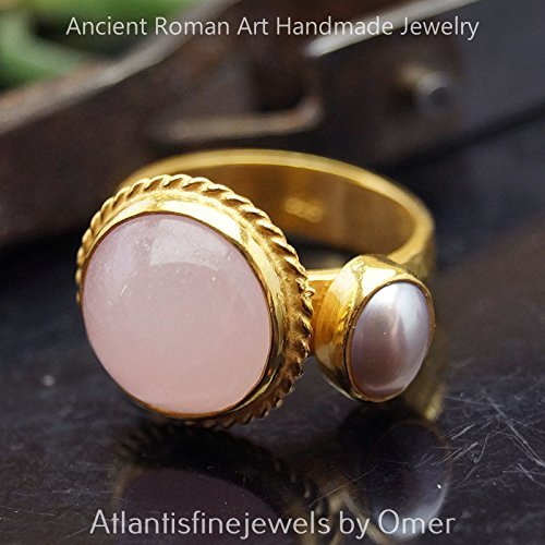 Turkish Pink Quartz & Pearl Ring Handmade Designer Jewelry By Omer 925 Sterling Silver 24 k Yellow Gold Plated