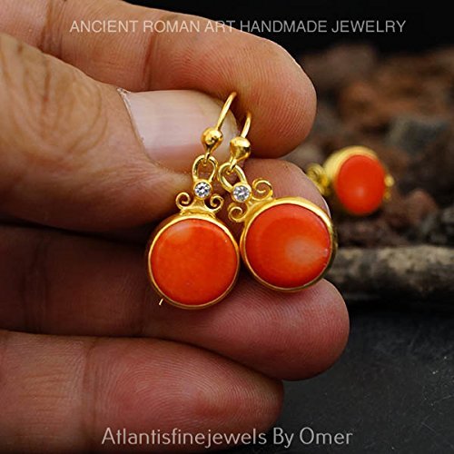 Handmade Designer Coral Earrings 24 k Gold Over 925 k Sterling Silver By Omer