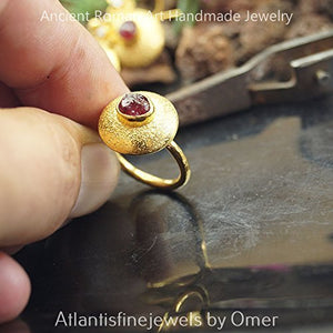 Omer Rough Ruby Ring Hammered Handmade 24k Gold Vermeil 925k Sterling Silver Turkish Designer Jewelry