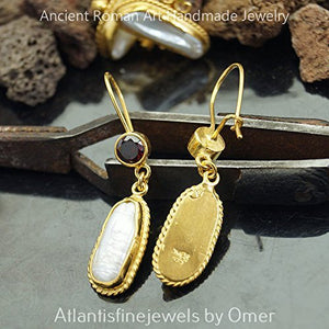 Handcrafted Dangle Pearl Garnet Earrings By Omer 24k Gold Over Sterling Silver