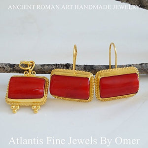 Turkish Coral Earrings & Pendant Set Handmade Designer Jewelry By Omer 925 Sterling Silver 24 k Yellow Gold Plated